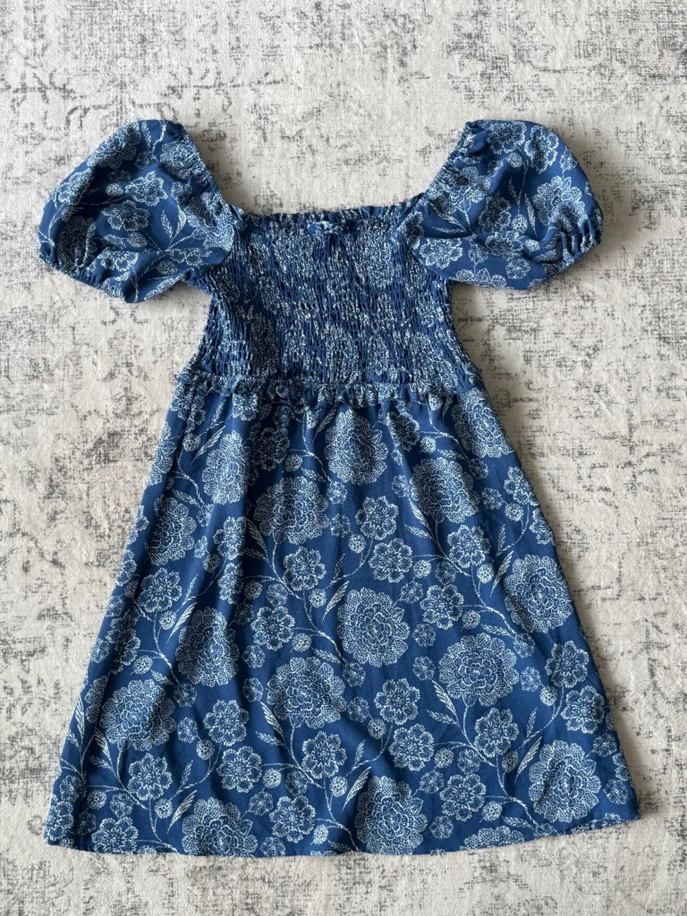 Monteau Los Angeles | Floral Smocked Puff-Sleeve Dress | Blue & White | Medium